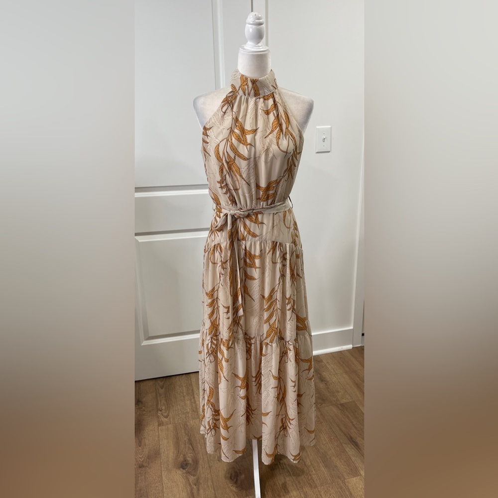Elegant Cream and Brown Leaf Print Dress